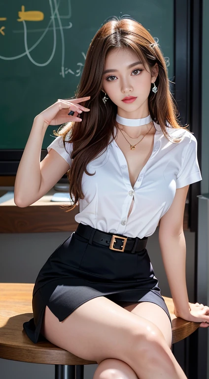 (Masterpiece, best quality, alone, รายละเอียดที่complicated, Chromatic aberration), realistic, ((Moderate breath)), hair in one eye,purple eyes, earring, sharp eyes, choker,diamond pendant, (symmetrical eyes),(Perfect symmetrical body),Photo of a beautiful 20 year old girl,(fit the body), Beautiful and charming with contemporary fashion paintings as well....., looking at the audience, ((in the classroom background)), (1 Teen Girl),(black short skirt), (white short sleeve, Form fitting shirt., Unbuttoning 2 buttons, Revealing a little breast..), ((A short black pencil skirt with a deep slit on the side...)), sugar belt, ((Put your hands down.)),Copper blonde hair, Bob, long hair, Side flatness,round chin, Art lens 85mm, Sharp focus, High resolution 8K, Crazy details, complicated, elegant,sitting on the study table Lift one leg to eye level.., The legs are slightly apart..,dynamic gesture, Sitting on a reading table in a luxury hotel room Turn your head with your legs open at eye level. Open your legs and lift your right leg over your left leg, releasing it naturally to eye level., แยกขาออกเล็กน้อย dynamic gesture,polish,Engineer boots,muscular legs,Beautiful muscles,Don't pop,Not naked

