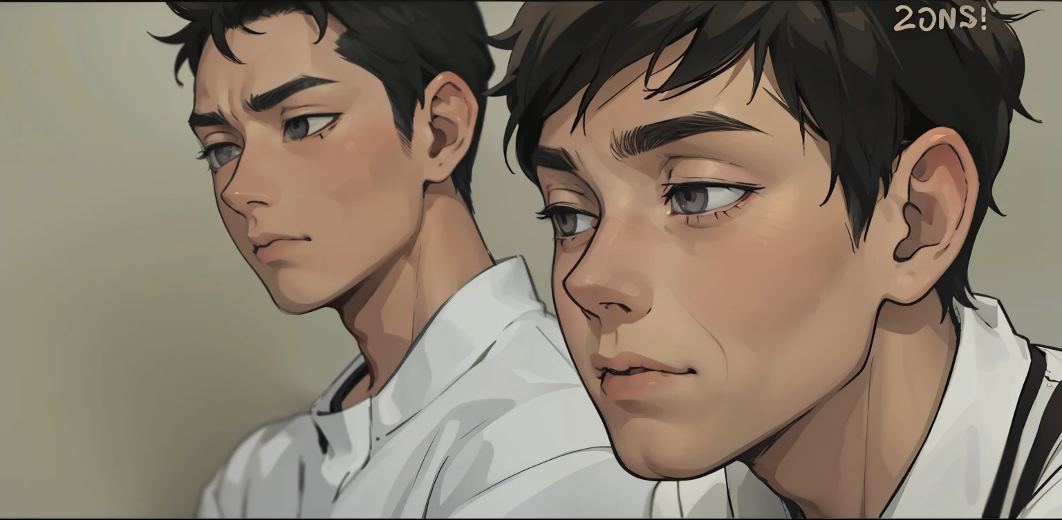 estilo comic anime 2d, cute boy s old thoughtful look distracted gray eyes gray hair