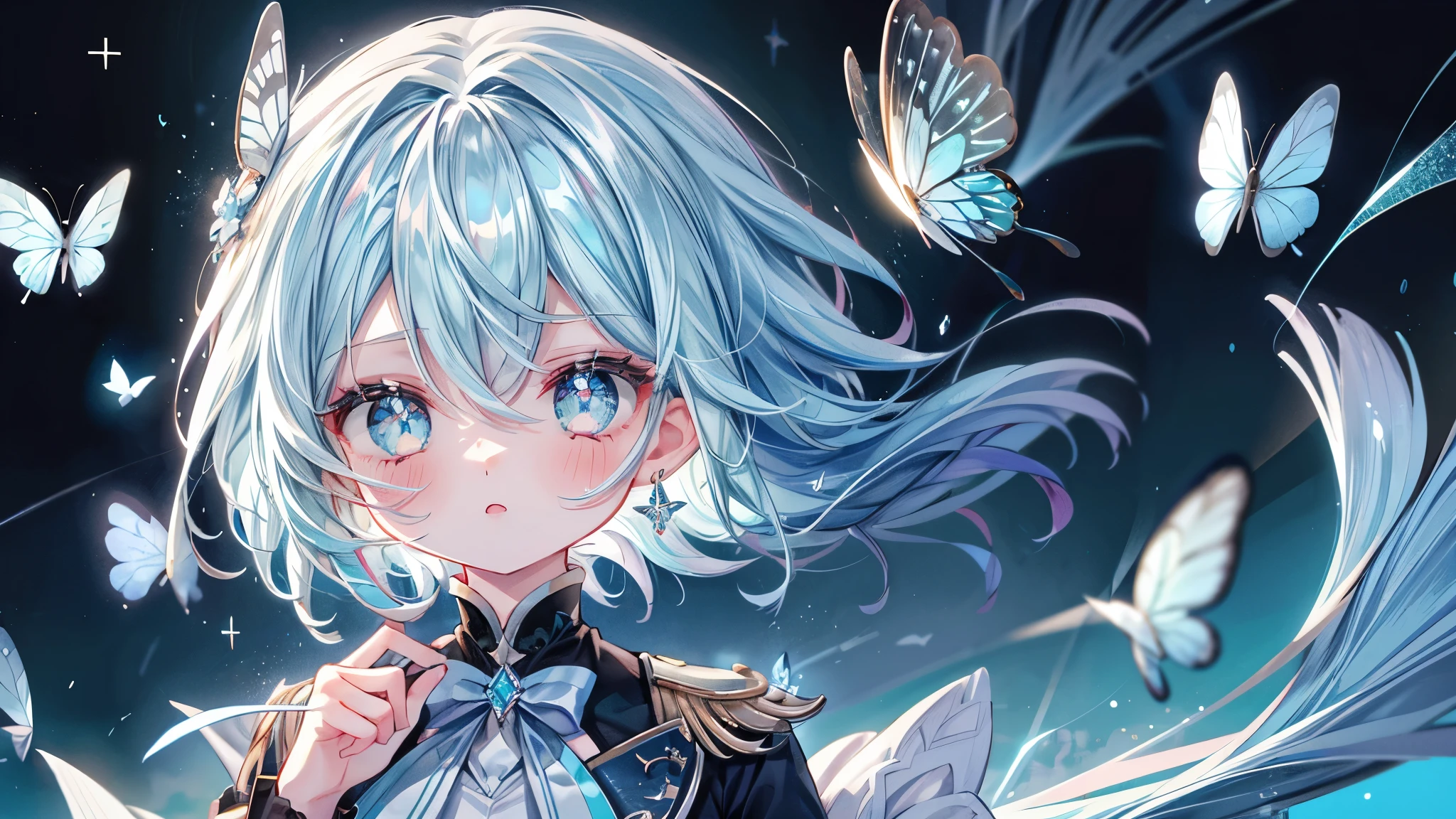 One girl、lightblue hair、Medium Hair、cute little、black backgrounds、Uniforms、masterpiece、Top image quality、top-quality、blue eyess、glitters、Beautiful fece、natta、Light butterfly、Shines beautifully、