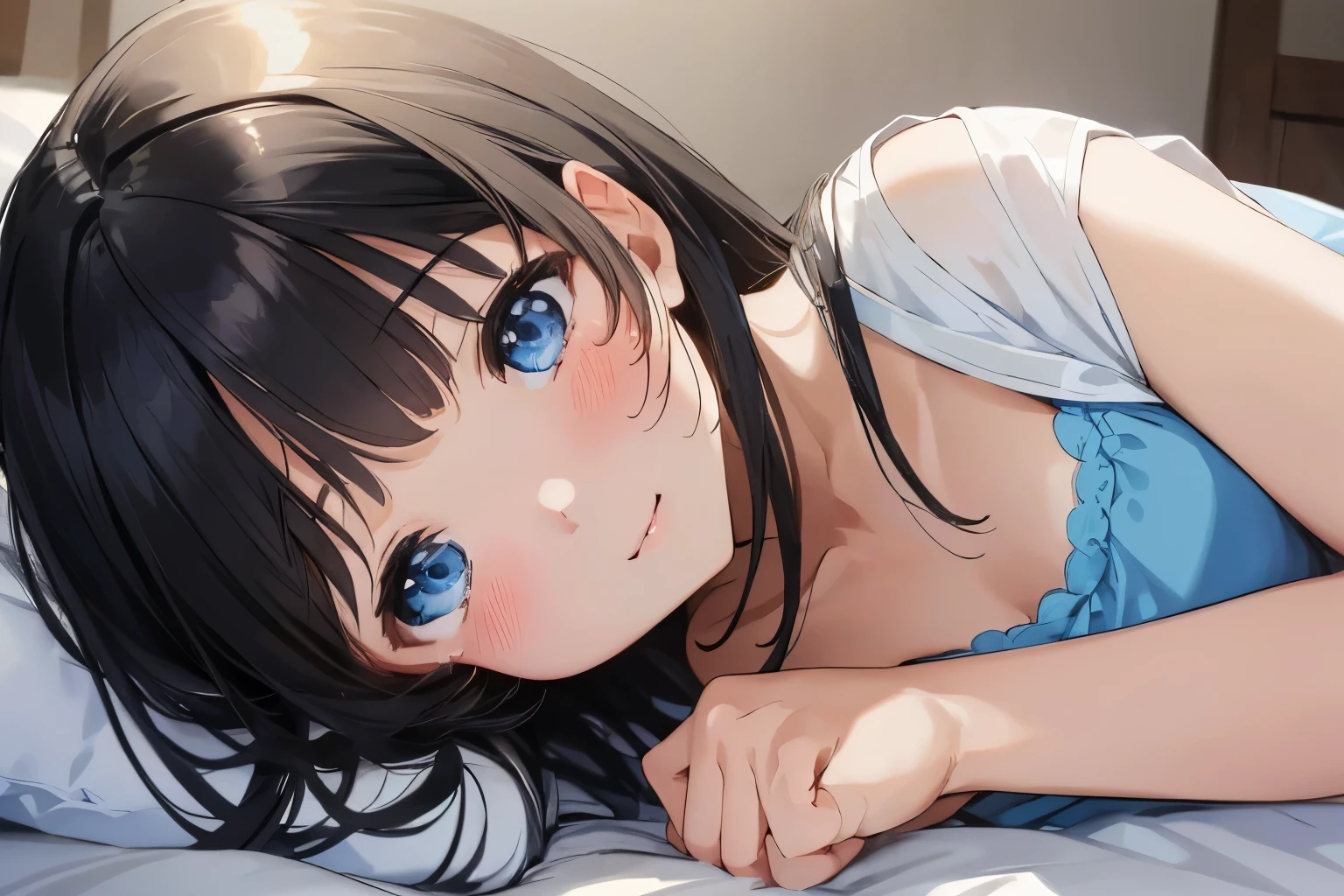 Masterpiece、highest quality、1 female、Super detailed Black Hair、bangs Blue Eyes、Detailed depiction of the eyes Smiling、blush camisole Face is close、Facial Close-up、Bring your face closer Sheetsに寝転がる、Lying on your side Sheets