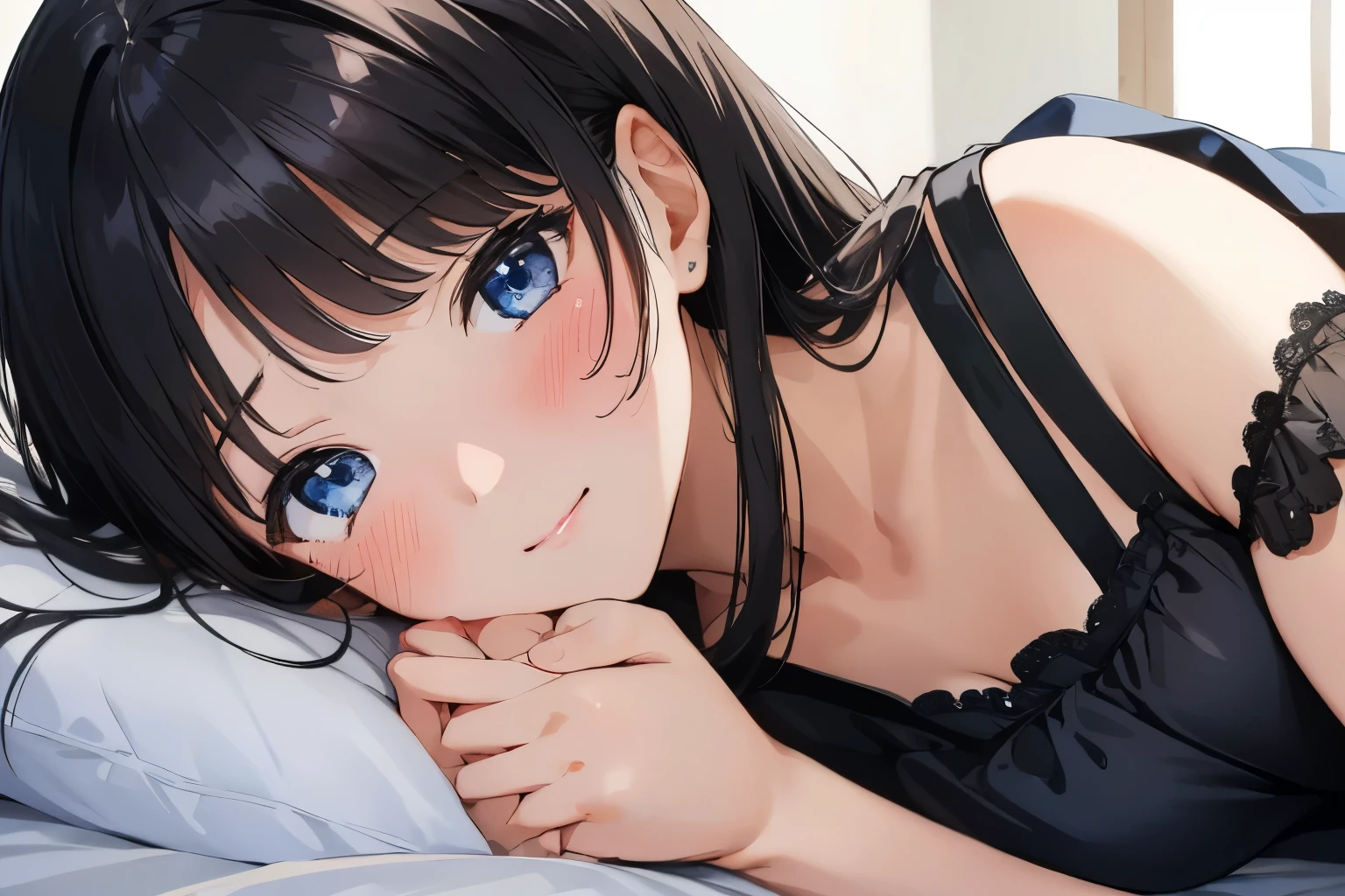 Masterpiece、highest quality、1 female、Super detailed Black Hair、bangs Blue Eyes、Detailed depiction of the eyes Smiling、blush camisole Face is close、Facial Close-up、Bring your face closer Sheetsに寝転がる、Lying on your side Sheets