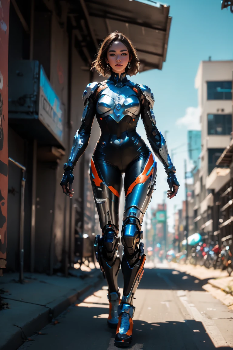 Street, motorcycle, full body shot, wharf scene, a beautiful young cyborg woman riding a KTM 450 motocross motorcycle, glamorous shape, shoulder-length, beautiful shiny smooth, light brown hair, (Best quality, 4K, 8k, A high resolution, masterpiece:1.2), absurdity, masterpiece, ultra detailed, (realistic, photorealistic, photorealistic:1.37), complex parts, HDR, (complex parts:1.12), (hyper detailed, hyper realistic, Soft lighting, spicy:1.2), beautiful figure, Magnificent Anatomy, (complex part, Hyper detailed:1.15), Smooth skin,