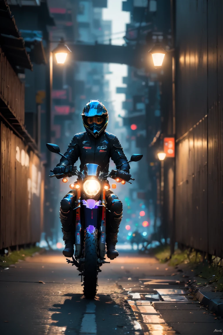 Street, motorcycle, full body shot, wharf scene, a beautiful young cyborg woman riding a KTM 450 motocross motorcycle, glamorous shape, shoulder-length, beautiful shiny smooth, light brown hair, (Best quality, 4K, 8k, A high resolution, masterpiece:1.2), absurdity, masterpiece, ultra detailed, (realistic, photorealistic, photorealistic:1.37), complex parts, HDR, (complex parts:1.12), (hyper detailed, hyper realistic, Soft lighting, spicy:1.2), beautiful figure, Magnificent Anatomy, (complex part, Hyper detailed:1.15), Smooth skin,