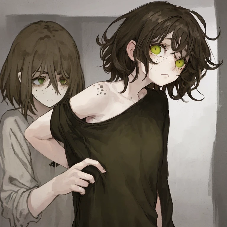1 girl, Messy Brown hair, back hair, medium messy hair, porly cut hair, pale skin, freckles, sleepy eyes, olive green eyes, dark circles on eyes, sleepy face, tired face, very thin body, loose clothes, black clothes