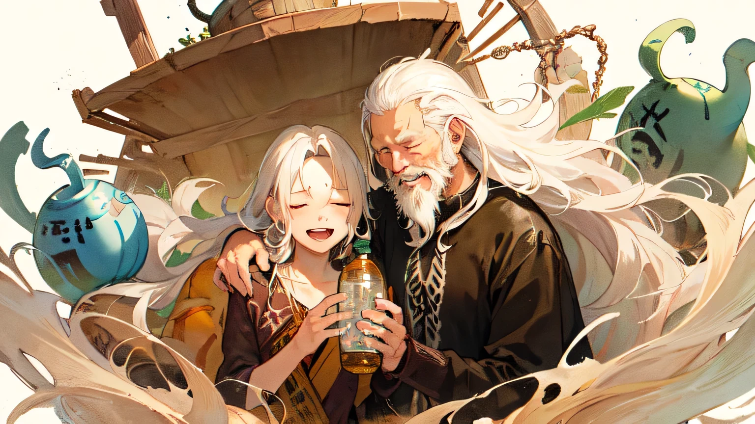  (detailed old vagabond with long white hair and white beard:1.3), closed eyes, tender smile, (thin body), very old Tattered shabby oriental cloth), (ink painting style:1.1), sepia color, dynamic angle, sake in long (water bottle gourd)