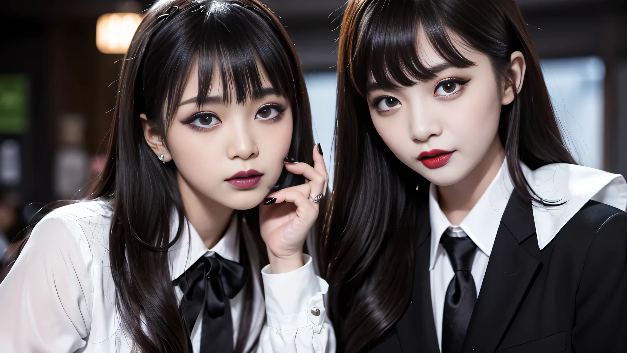 best quality、ultra-detailed、4k、Japanese、Seductive beauty、seductive adult woman、Pretty Woman、cool girl、Villainess、Brainwashed、brainwash、Fallen into evil、smirk、Evil look、Wicked Smile、evil、Brown hair、wavy hair、swept bangs、dark makeup、dark makeup、piercing eyes、hollow eyes,half-closed eyes、Hollow Eyes、purple Eyeshadow、black lipstick、black lipglos、student、blazer、White Shirt、Black Ribbon、flare skirt、night、inside school、Have lipstick、Emblem of Evil、Crest of Darkness、Swear allegiance、I have pledged my allegiance、Dye black、Blackening、Stained with evil、Dyed in darkness、Seduce