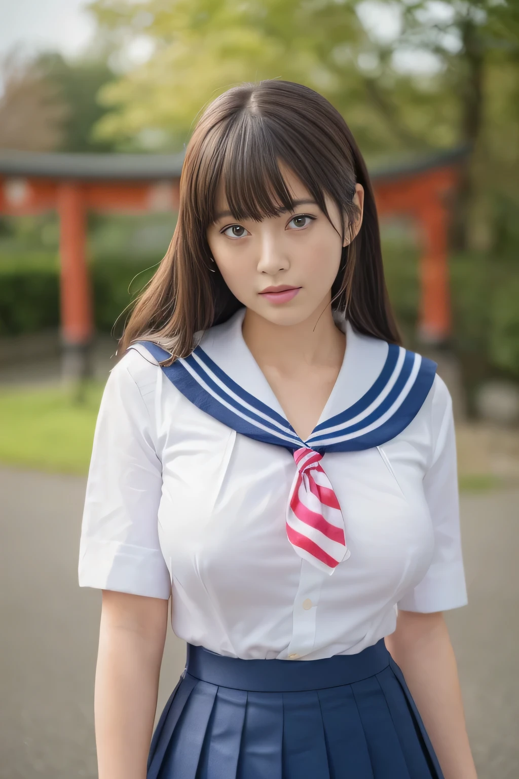 (highest quality,8k,High resolution:1.2),(Beautiful and realistic Japanese figures:1.6)、(Cute Japanese Girl:1.4),(Huge breasts:1.25),(Attractive body),(school uniform,Pleated skirt,Sailor collar,White shirt:1.2)、17 years old、Professional、(My dear woman、The joy of loving、Heartbeat)、Run Hurry、Embankment、Put your hair up,Sweat、