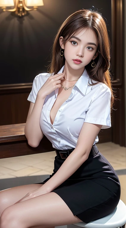(Masterpiece, best quality, alone, รายละเอียดที่complicated, Chromatic aberration), realistic, ((Moderate breath)), hair in one eye,purple eyes, earring, sharp eyes, choker,diamond pendant, (symmetrical eyes),(Perfect symmetrical body),Photo of a beautiful 20 year old girl,(fit the body), Beautiful and charming with contemporary fashion paintings as well....., looking at the audience, ((in the classroom background)), (1  Girl),(black short skirt), (white short sleeve, Form fitting shirt., Unbuttoning 2 buttons, Revealing a little breast..), ((A short black pencil skirt with a deep slit on the side...)), sugar belt, ((Put your hands down.)),Copper blonde hair, Bob, long hair, Side flatness,round chin, Art lens 85mm, Sharp focus, High resolution 8K, Crazy details, complicated, elegant,sitting on the study table Lift one leg to eye level.., The legs are slightly apart..,dynamic gesture, Sitting on a reading table in a luxury hotel room Turn your head with your legs open at eye level. Open your legs and lift your right leg over your left leg, releasing it naturally to eye level., แยกขาออกเล็กน้อย dynamic gesture,polish,Engineer boots,muscular legs,Beautiful muscles,Don't pop,Not naked
