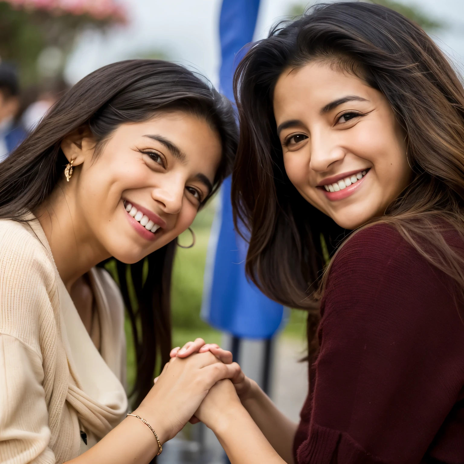 Claudia Sheinbaum and Xochitl Gálvez holding hands and smiling