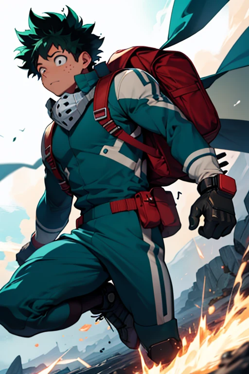 Izuku&#39;s hero suit could be bright green, representing your connection with energy. Could have power lines running through the suit, giving the impression that it is charged with energy. Besides, could have metal details that reflect light, symbolizing its ability to generate energy.

The suit could also include technological accessories that allow him to channel his energy more effectively, such as electrically conductive gloves or a backpack that stores and releases energy in times of need.

To give it a more dynamic and aerodynamic look, The suit could have angular lines and shapes that give the sensation of rapid movement. It could also include a cape that flutters behind him as he runs, symbolizing his ability to move quickly thanks to his energy quirk.