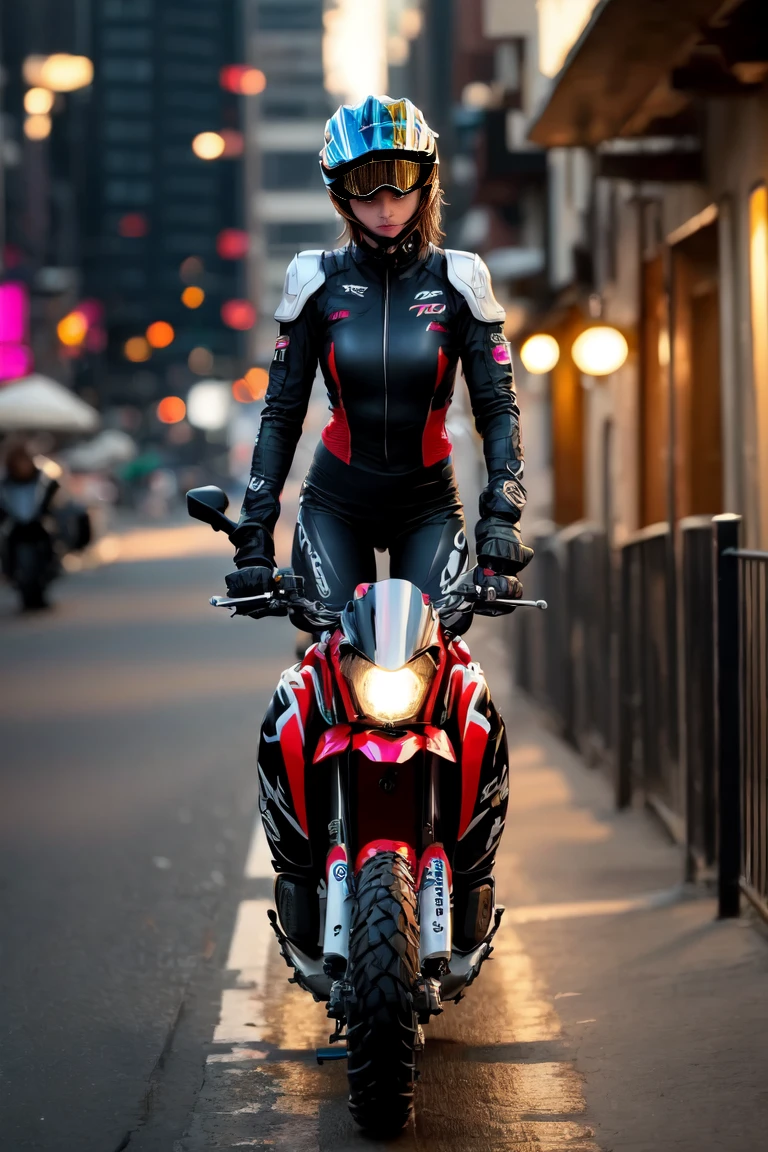 full body shot, wharf scene, a beautiful sexy cyborg woman riding a KTM 450 motocross motorcycle, glamorous shape, shoulder-length, beautiful shiny smooth, light brown hair, (Best quality, 4K, 8k, A high resolution, masterpiece:1.2), absurdity, masterpiece, ultra detailed, (realistic, photorealistic, photorealistic:1.37), complex parts, HDR, (complex parts:1.12), (hyper detailed, hyper realistic, Soft lighting, spicy:1.2), beautiful figure, Magnificent Anatomy, (complex part, Hyper detailed:1.15), Smooth skin,