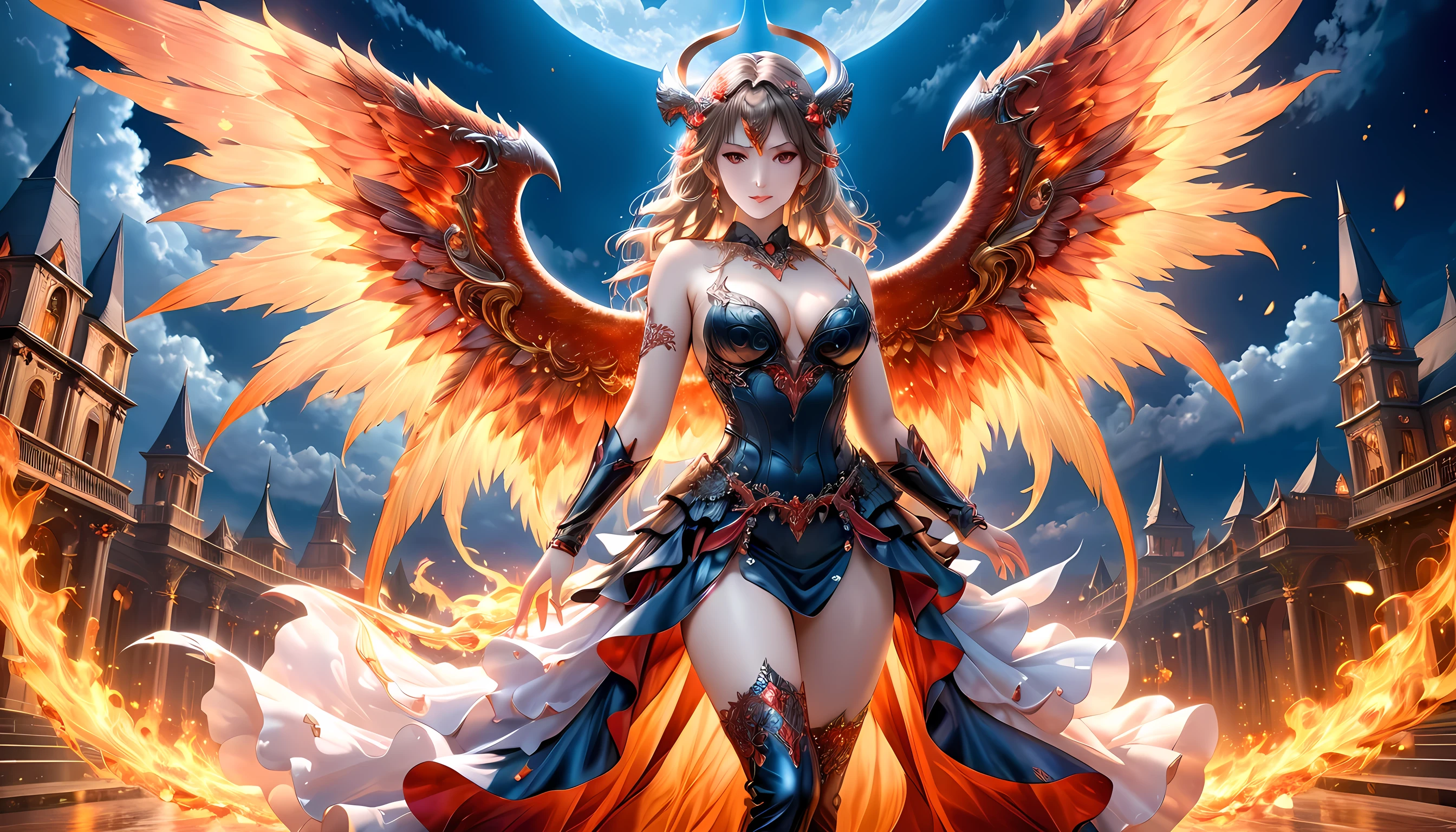 fantasy art, RPG art [[a picture of 2 women]], , a female angel (Masterpiece, 1.3, intricate details), wearing dress, pale skin, best details beautiful face (Masterpiece, 1.3, intricate details), blond hair, long hair wavy hair (Masterpiece, 1.3, intricate details), blue eyes, high heeled boots, wearing a dress (Masterpiece: 1.3, intricate details), large angelic wings, white feathered wings spread [AND] a female demon (Masterpiece, 1.3, intricate details), demon, red skin (Masterpiece, 1.3, intricate details), flame wings, black demonic wings spread, demonic horns (Masterpiece, 1.3), red skin (Masterpiece, 1.3), black hair, red eyes, best details beautiful face (Masterpiece, 1.3, intricate details), wearing a dress (Masterpiece: 1.3, intricate details), high heels, in the border between heaven and hell, moon, stars, clouds, god rays, soft natural light silhouette, dynamic angle, photorealism, panoramic view (Masterpiece 1.3, intense details) , Wide-Angle, Ultra-Wide, faize
