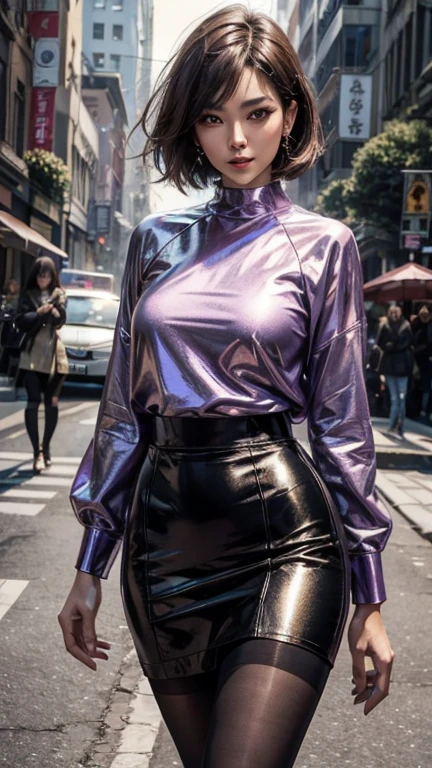 asian mature woman, Fashion Model, Wearing a purple tight skirt, Slender,Narrow waist、Paparazzi take pictures of her, Brown short bob hair、Delicate face、Detailed eyes and face、Shiny Pantyhose、8k, high quality, masterpiece, 最high quality, High resolution, Very detailed, Volumetric lighting, Realistic