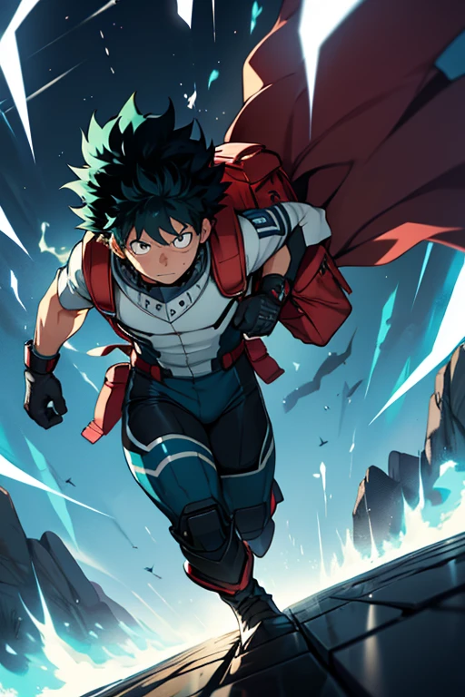 Izuku&#39;s hero suit could be bright green, representing your connection with energy. Could have power lines running through the suit, giving the impression that it is charged with energy. Besides, could have metal details that reflect light, symbolizing its ability to generate energy.

The suit could also include technological accessories that allow him to channel his energy more effectively, such as electrically conductive gloves or a backpack that stores and releases energy in times of need.

To give it a more dynamic and aerodynamic look, The suit could have angular lines and shapes that give the sensation of rapid movement. It could also include a cape that flutters behind him as he runs, symbolizing his ability to move quickly thanks to his energy quirk.