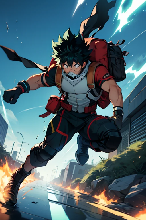 Izuku's hero suit could be bright green, representing your connection with energy. Could have power lines running through the suit, giving the impression that it is charged with energy. Besides, could have metal details that reflect light, symbolizing its ability to generate energy.
The suit could also include technological accessories that allow him to channel his energy more effectively, such as electrically conductive gloves or a backpack that stores and releases energy in times of need.
To give it a more dynamic and aerodynamic look, The suit could have angular lines and shapes that give the sensation of rapid movement. It could also include a cape that flutters behind him as he runs, symbolizing his ability to move quickly thanks to his energy quirk.