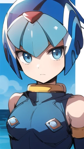Leviathan Megaman 1 girl, looking at viewer, blue hair, Blue eyes, sea background , face only