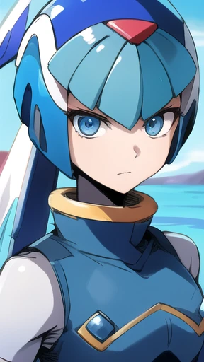 Leviathan Megaman 1 girl, looking at viewer, blue hair, Blue eyes, sea background , face only 