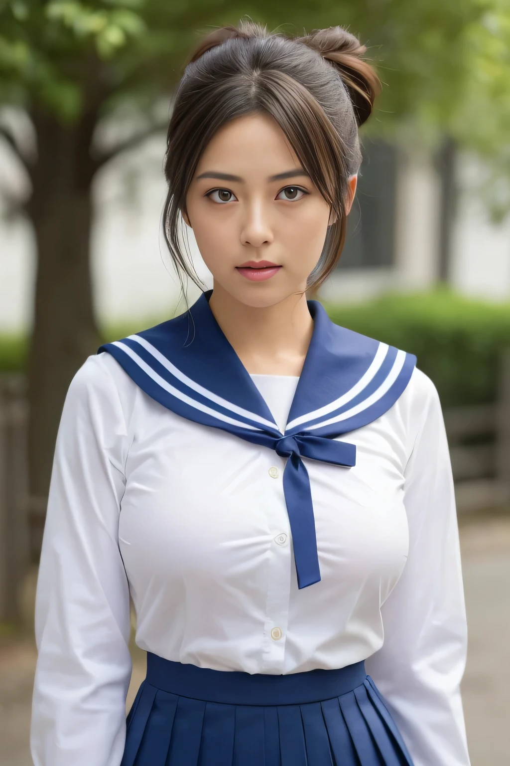 (highest quality,8k,High resolution:1.2),(Beautiful and realistic Japanese figures:1.6)、(Cute Japanese Girl:1.4),(Huge breasts:1.25),(Attractive body),(school uniform,Pleated skirt,Sailor collar,White shirt:1.2)、************、double eyelid、Clear black eyes、Professional photography、(My dear woman、The joy of loving、Heartbeat)、Run Hurry、Embankment、Rivers、Put your hair up,Sweat、gravure、