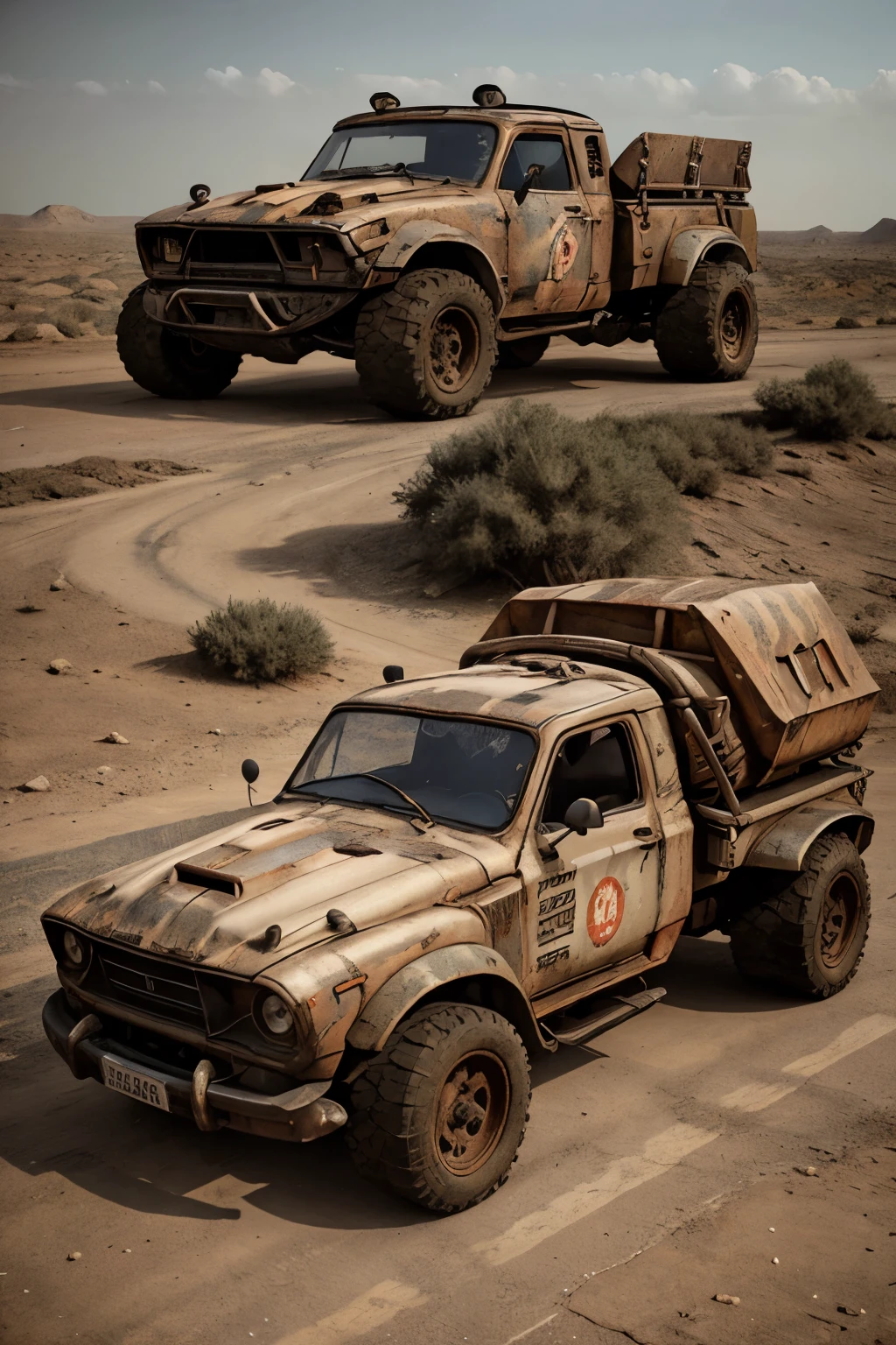In the desolate expanse of a post-apocalyptic wasteland, a gritty and weathered truck rumbles along, kicking up clouds of dust as it leads a convoy of similar vehicles. The sun sets in the distance, casting long shadows and painting the landscape in hues of orange and red. The truck's headlights pierce the darkness, illuminating the rugged terrain ahead. The convoy follows closely behind, their drivers' faces set with determination and grit. The scene is captured in stunning detail, every crease on the truck's body and every scratch on its faded paint job visible. The convoy members wear weary expressions, their eyes locked on the road ahead, their
