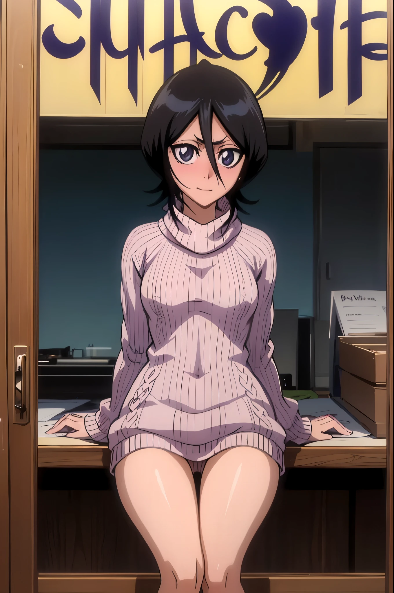 (virgin killer sweater),head tilt, coquettish smile, long eyelashes,((best quality)), ((highly detailed)), , (1girl),Rukia, black hair, short hair, hair between eyes, purple eyes, small breasts, frown,sexy,looking at viewer,embarrassed,blushing,masterpiece,best quality,highly detailed,black hair,solo, afb-lora, thick thighs, 1girl, solo, ((masterpiece, best quality)), absurdres, highres,((full body)),sitting on table,