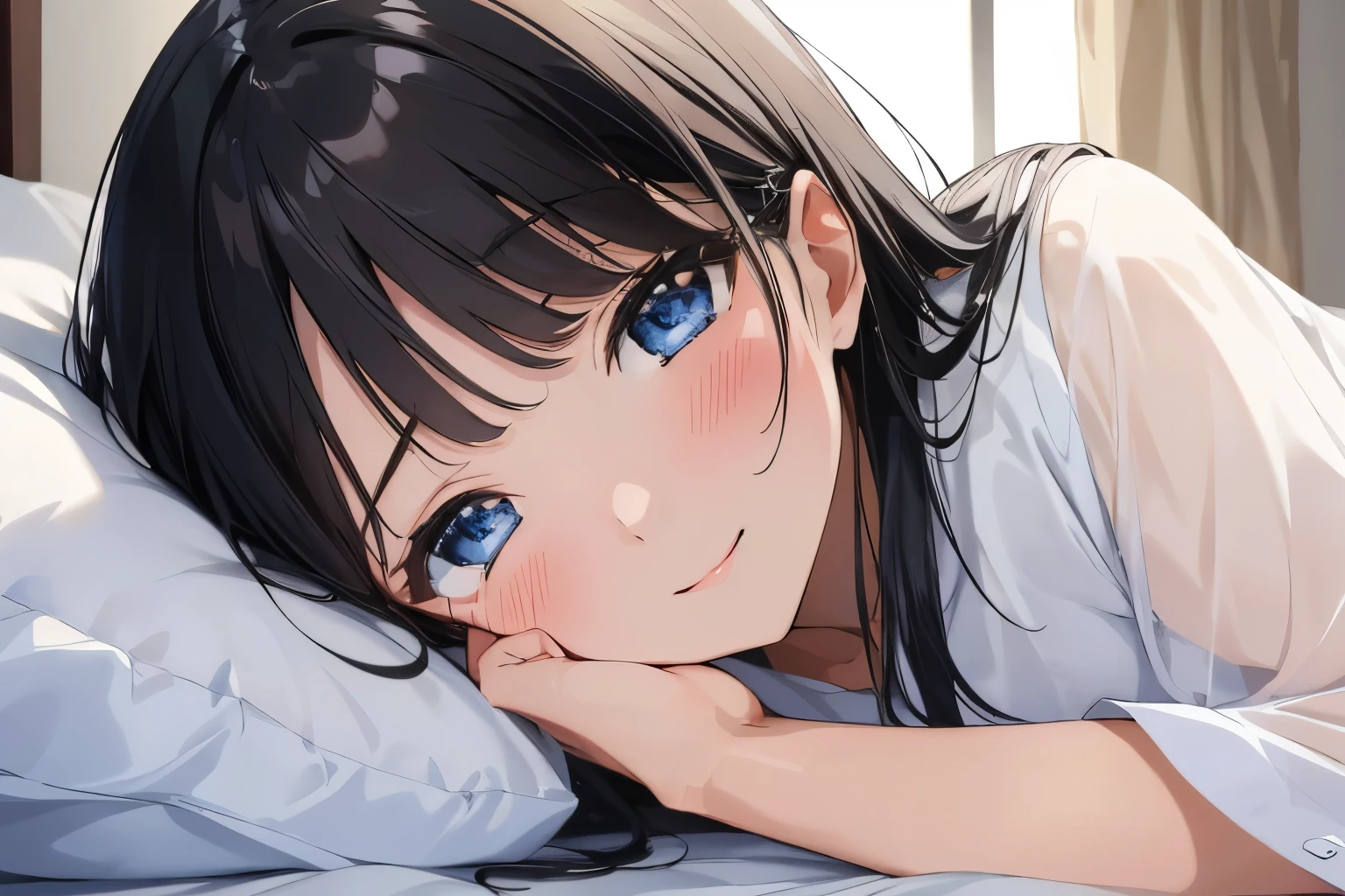 Masterpiece、highest quality、1 female、Super detailed　Black Hair、bangs　Blue Eyes、Detailed depiction of the eyes　Smiling、blush　see through　Face is close、Facial Close-up、Bring your face closer　Sheetsに寝転がる、Lying on your side　Sheets