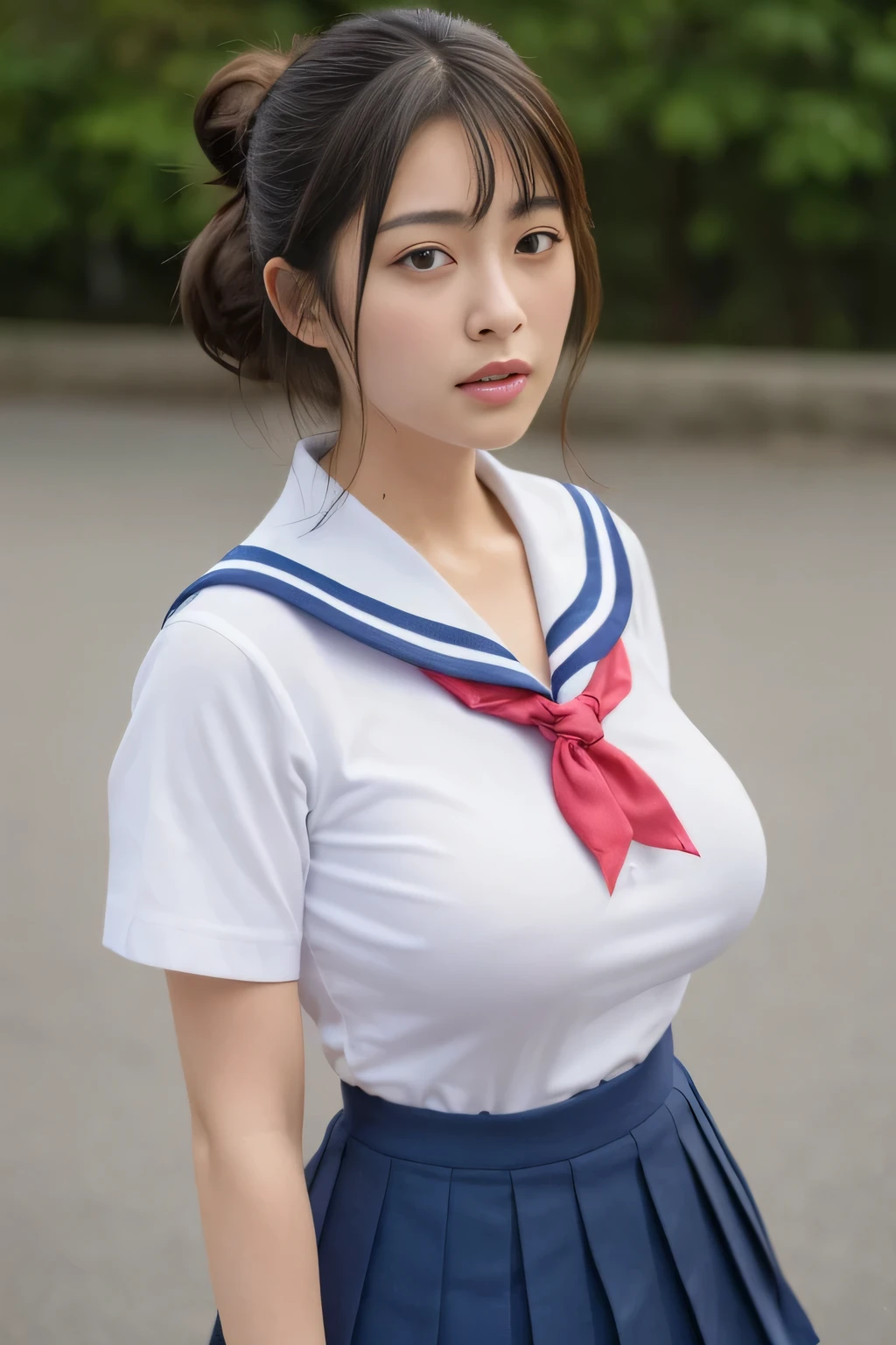 （8K、Raw photography、highest quality、masterpiece：1.2),(Black-haired、Very short hair:1.8),(ponytail:1.5)、Show Viewer,Looking at the front,Erotic,White skin,(The upper body is a sailor uniform、bottomless:1.7)、()、(Clothes that accentuate the shape of the breasts:1.0)、(big breasts :1.5)、Slim figure、Ultra-high resolution,beautiful,beautiful fece,(one person、No background:1.9),whole bodyボディー,Japanese women,（Photorealistic：1.37）、Photon Mapping,reality、(Baby-faced and cute: 1.5)、(Cute Smile: 1.7)、(With a round face: 1.7)、Radio City、Physically Based Rendering、Depth of field rally background、photograph, (I can see your knees、Cute patterned white panties、Thigh close-up:1.8),（:1.4）,whole body、Super fine