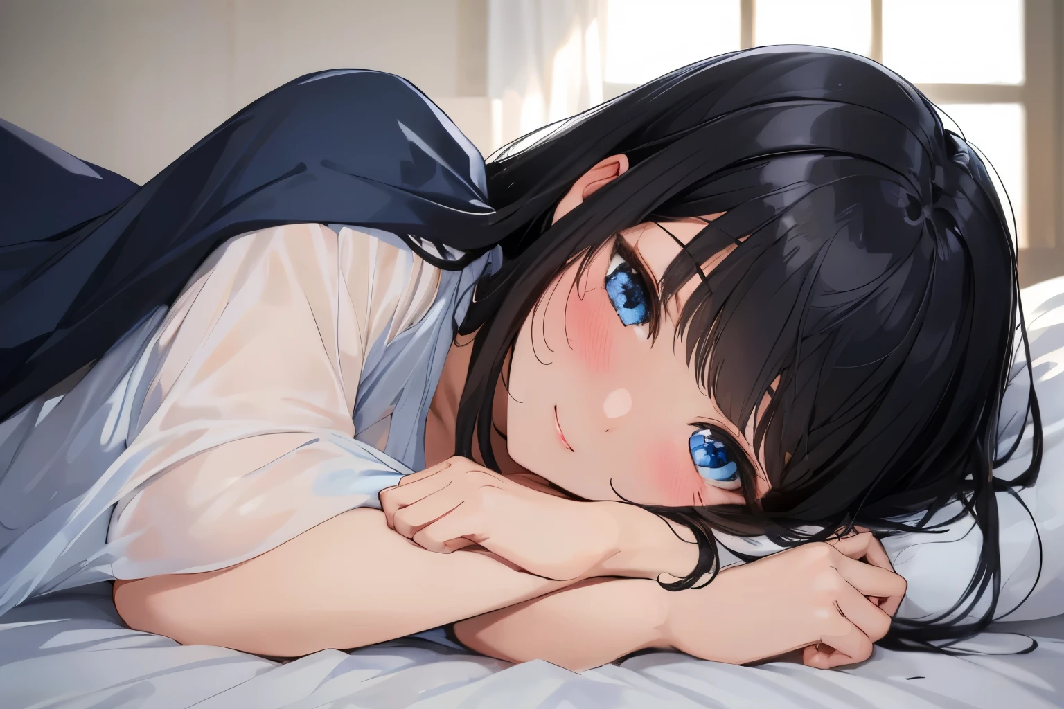 Masterpiece、highest quality、1 female、Super detailed　Black Hair、bangs　Blue Eyes、Detailed depiction of the eyes　Smiling、blush　see through　Face is close、Facial Close-up、Bring your face closer　Sheetsに寝転がる、Lying on your side　Sheets