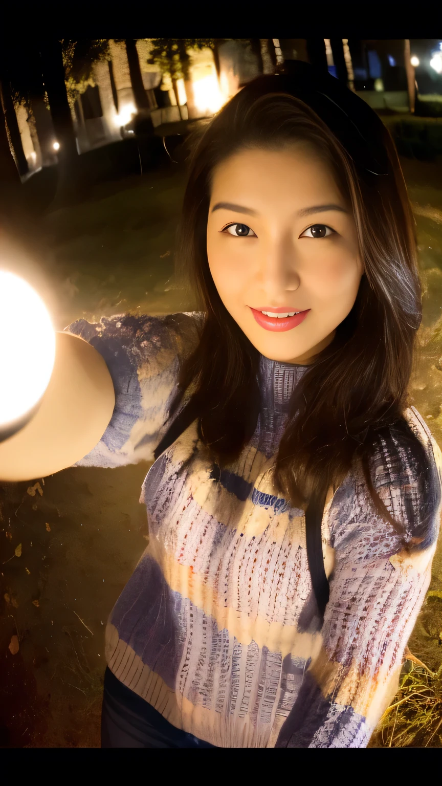 1 female((Upper body selfie, Happy)), masterpiece, highest quality, Very detailed, alone, Outdoor, (night), Mountain々, nature, (performer, moon) Hilarious, Happy, Backpack, sleeping bag, Camping stove, Water bottle, Mountain boots, gloves, sweater, Have, flashlight, forest, rock, river, wood, cigarette, Shadow, Contrast, sunny, Analog Style (View the viewer:1.2) (Skin Texture) (Film Grain:1.3), (Warm shades, Warm Tones)
