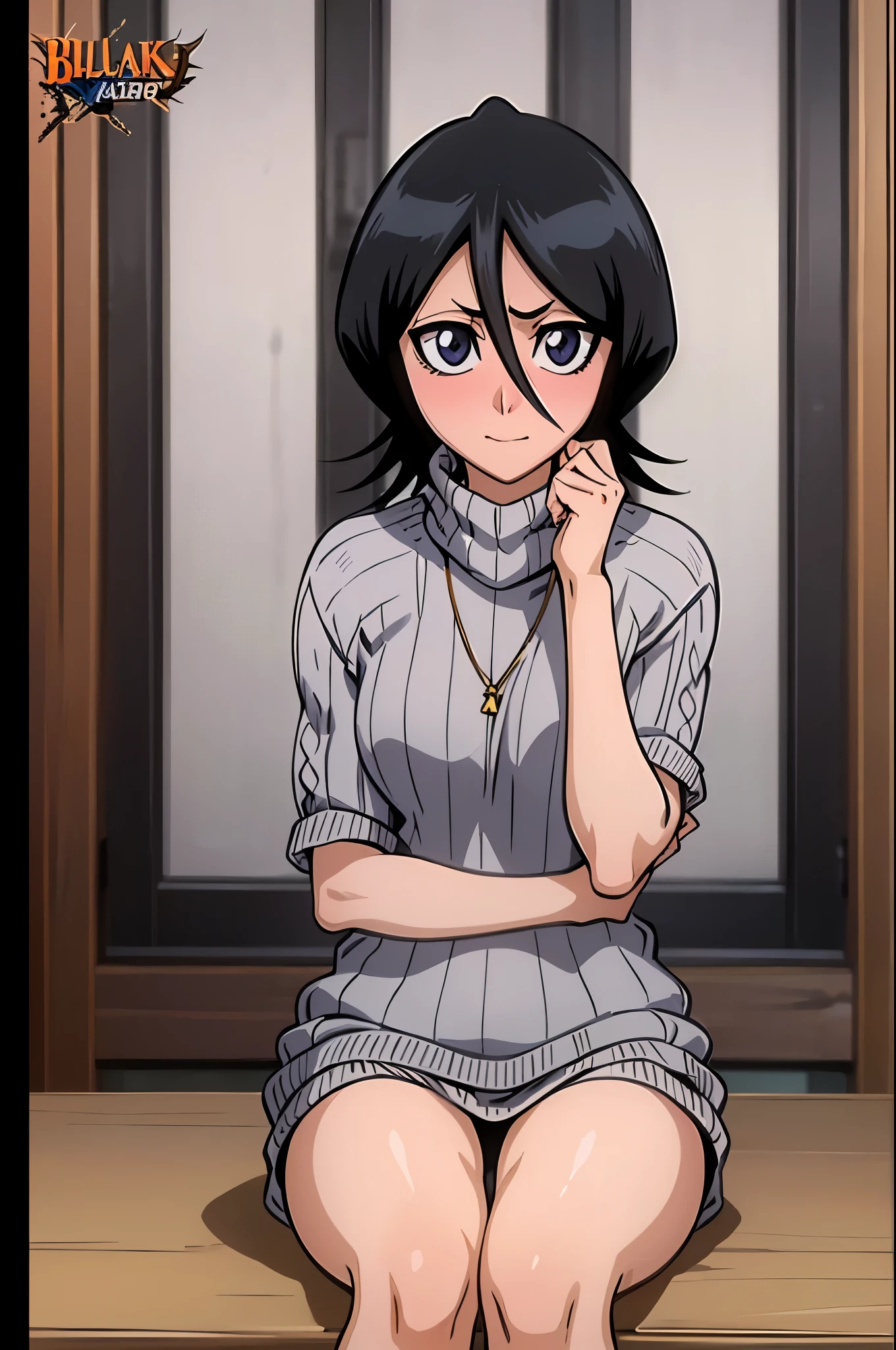 (virgin killer sweater),head tilt, coquettish smile, long eyelashes,((best quality)), ((highly detailed)), , (1girl),Rukia, black hair, short hair, hair between eyes, purple eyes, small breasts, frown,sexy,looking at viewer,embarrassed,blushing,masterpiece,best quality,highly detailed,black hair,solo, afb-lora, thick thighs, 1girl, solo, ((masterpiece, best quality)), absurdres, highres,((full body)),sitting on table,