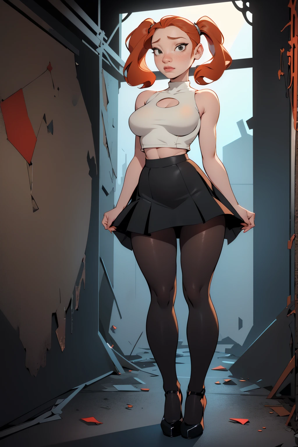 1girl, ginger, freckled face, face freckles, rosy, 1 girl, solo, full body view, tall, long legs, athletic body, pigtails haircut,pale skin,big bust, stand sesy pose, beautiful,low neckline, ((black skirt, black tights)), black cardigan, black high heel shoes, ((in an old abandoned basement))
