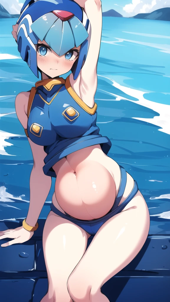 Leviathan Megaman 1 girl, looking at viewer, blue hair, Blue eyes, sea background , half body , Blushed, normal clothes, 1 month pregnant belly