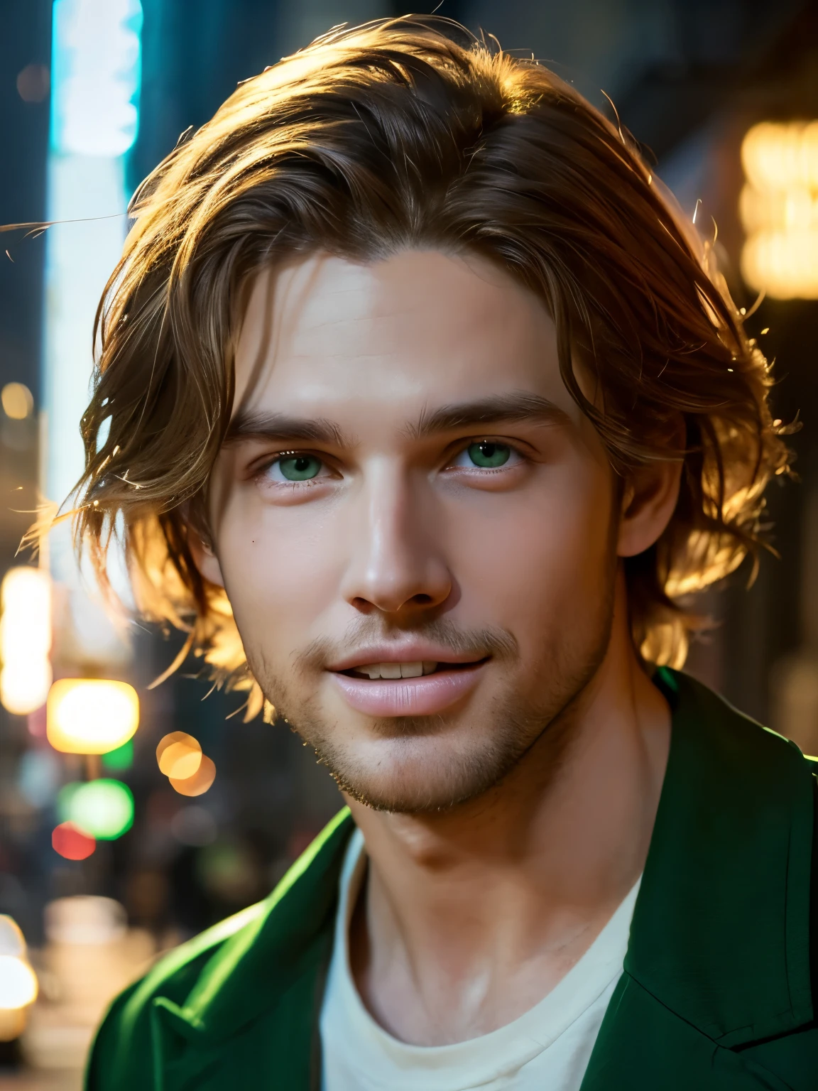 Cinematic soft lighting illuminates the beautiful space。, Incredibly detailed, Manhattan, New York、Light brown hair ultra short messy, Bright green eyes, Showing teeth, Sensual, Hot Guy, so beautiful, Who'Trending in ArtStation?.、that'This 16K photo masterpiece、((Singing in front of a microphone:1.5))、It's the perfect tool for capturing the smoothest details in your work.