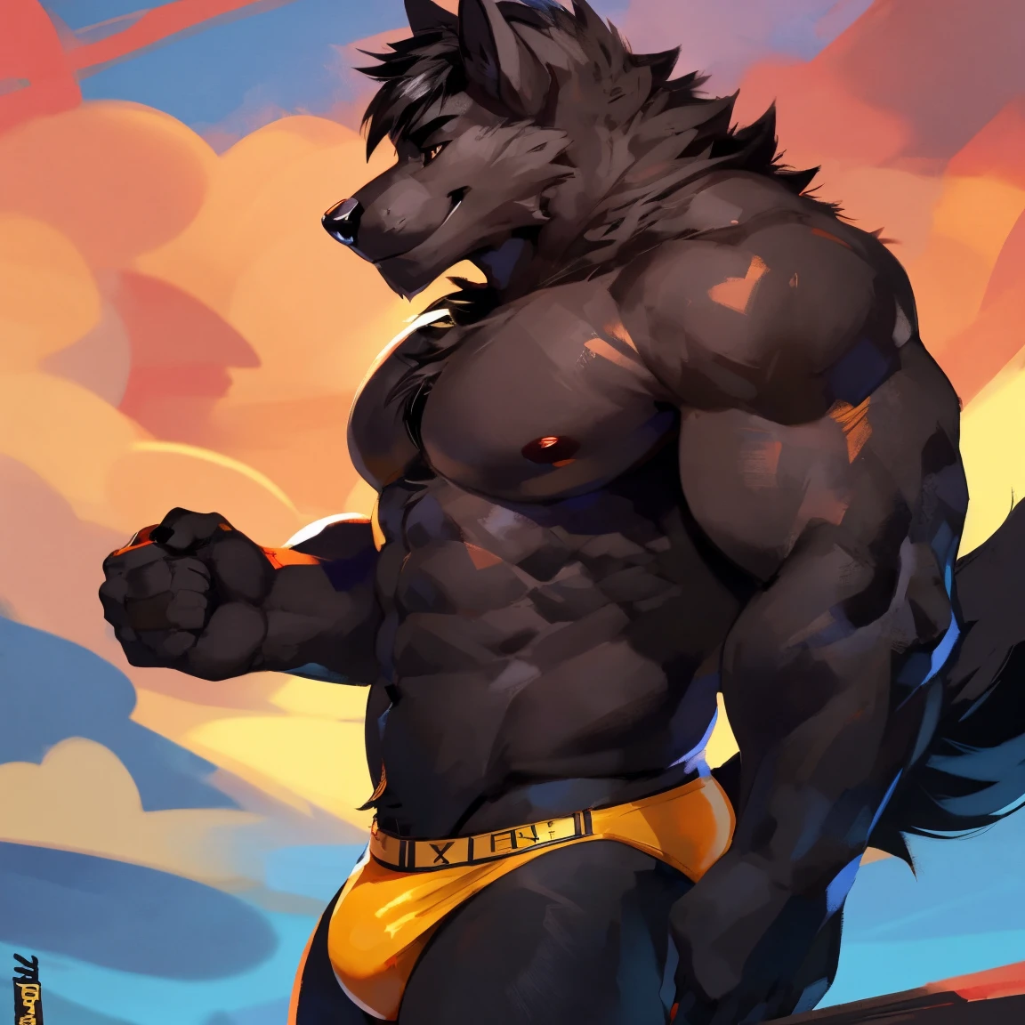 Muscular black wolf, wolf, all black, (solo) black hair, perfect sexy body, in speedo, yellow speedo, yellow brief, strong arms, chest, side view, body in profile, posing, smile, on the beach By mystikfox61