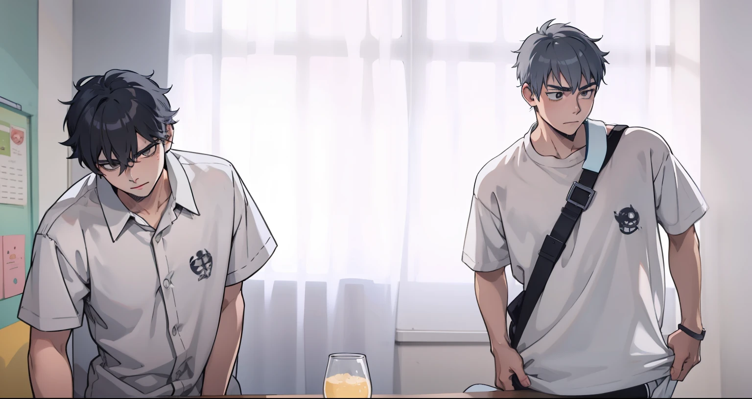 estilo comic anime 2d, cute boy 17 years old thoughtful look distracted gray eyes gray hair