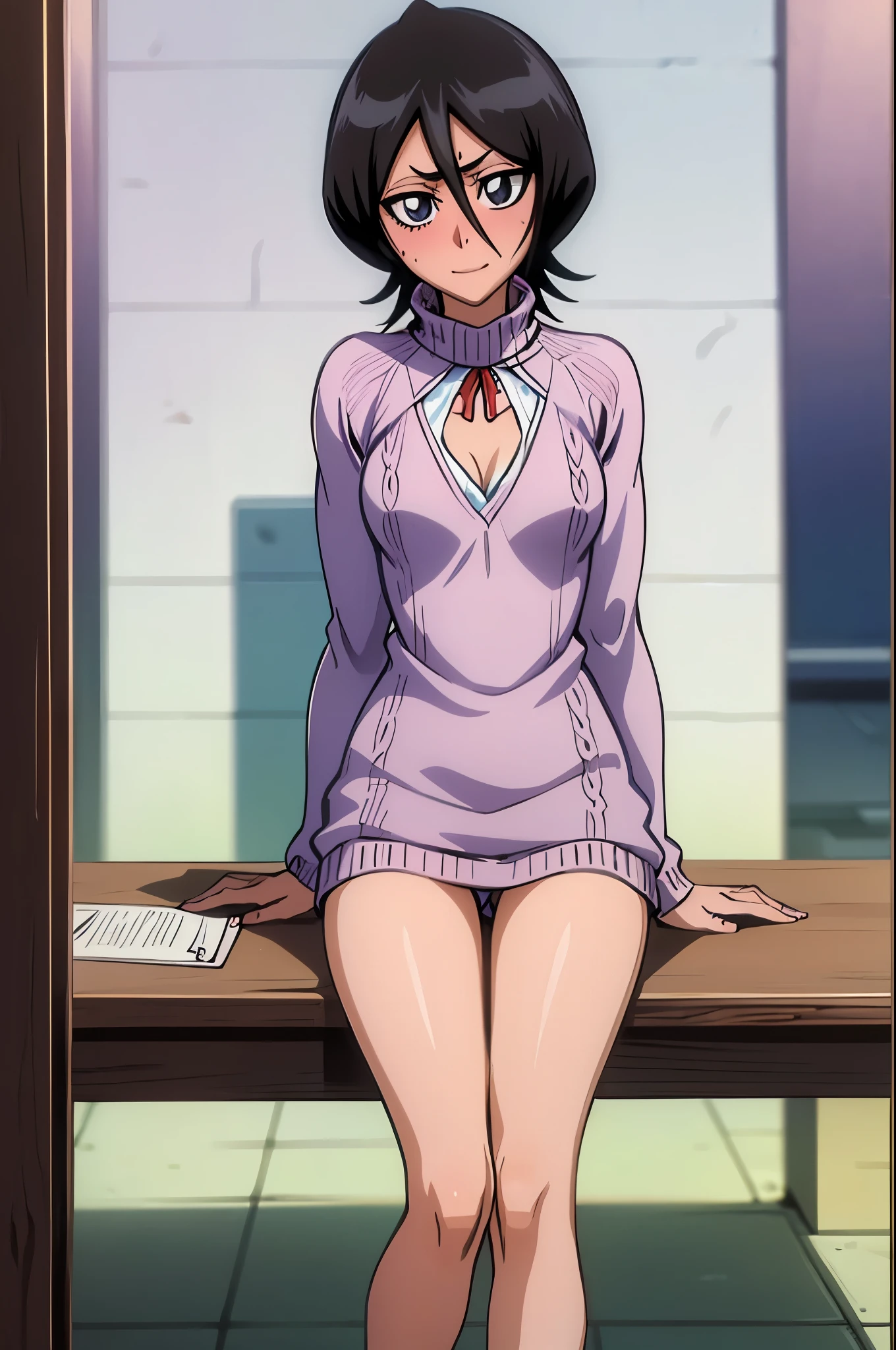 (virgin killer sweater),head tilt, coquettish smile, long eyelashes,((best quality)), ((highly detailed)), , (1girl),Rukia, black hair, short hair, hair between eyes, purple eyes, small breasts, frown,sexy,looking at viewer,embarrassed,blushing,masterpiece,best quality,highly detailed,black hair,solo, afb-lora, thick thighs, 1girl, solo, ((masterpiece, best quality)), absurdres, highres,((full body)),sitting on table,