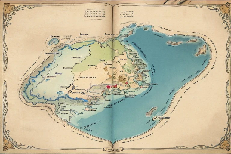 stylized map of a fantasy kingdom on a single old parchment