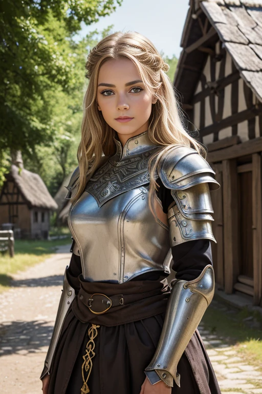 delicate, poudre de contour, en armure viking (Metal armor, parements en cuirs et en fourrure), intricate details, French touch, maquillage guerrier noir sous les yeux, cheveux de longueur moyenne, cheveux blonds, bonne couverture, en plein air (village viking, scandinavie, maisons en flammes, ruines), skin details, pores de la peau, Appareil photo numérique Kodak Smile 10MP, tendance on Behance, HD.
