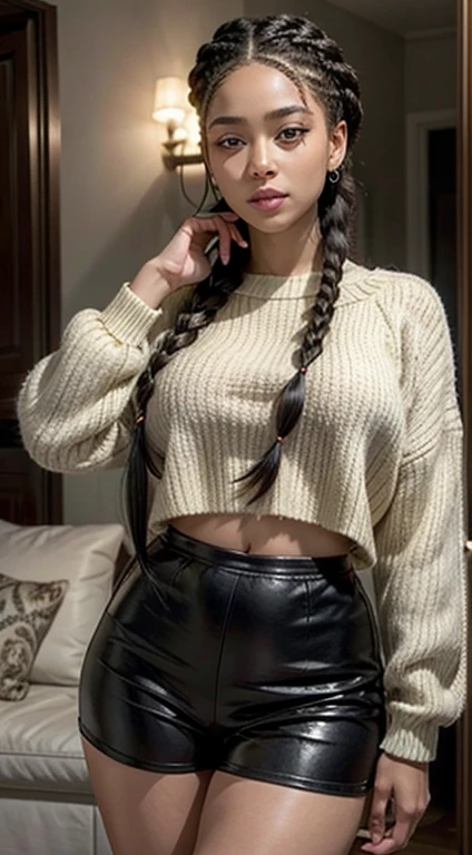 A refined description of the scene you described:
A woman in tight shorts and hair braided in a complex, elegant style is depicted in a stunning scene. Your braided hair displays a variety of patterns and textures, demonstrating skill and art in creating the hairstyle.
The woman is portrayed with a confident and proud posture, destacando sua beleza e autenticidade. Your facial features are distinct and expressive, reflecting your individuality and inner strength.
The scene is softly lit, highlighting the details of the braided hair and the beauty of the woman. Your presence is captivating, conveying a sense of grace and determination.
This depiction of a black woman with braided hair is a celebration of black culture and beauty., capturing the elegance and pride of a traditionally significant hairstyle.