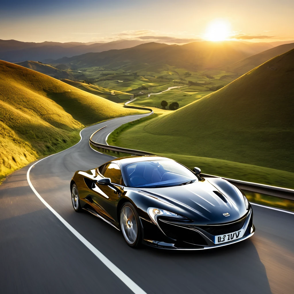 The image depicts a sleek, black sports car driving on a winding mountain road. The car is positioned in the foreground, with its front facing the camera, showcasing its aerodynamic design and the distinctive emblem on the grille. The road curves gently to the left, and the car appears to be in motion, suggesting a sense of speed and adventure.
The background features a picturesque landscape with rolling hills and mountains under a clear sky. The sun is low on the horizon, indicating either sunrise or sunset, which adds a warm, golden hue to the scene. The lighting creates a dramatic contrast between the shadows and the illuminated areas, highlighting the contours of the car and the natural beauty of the surroundings.
The overall composition of the image conveys a sense of freedom and exhilaration associated with driving a high-performance vehicle in a scenic, open environment. The image could be used for promotional purposes, such as advertising the car or a driving experience, or it could be part of a lifestyle or travel-related content.
