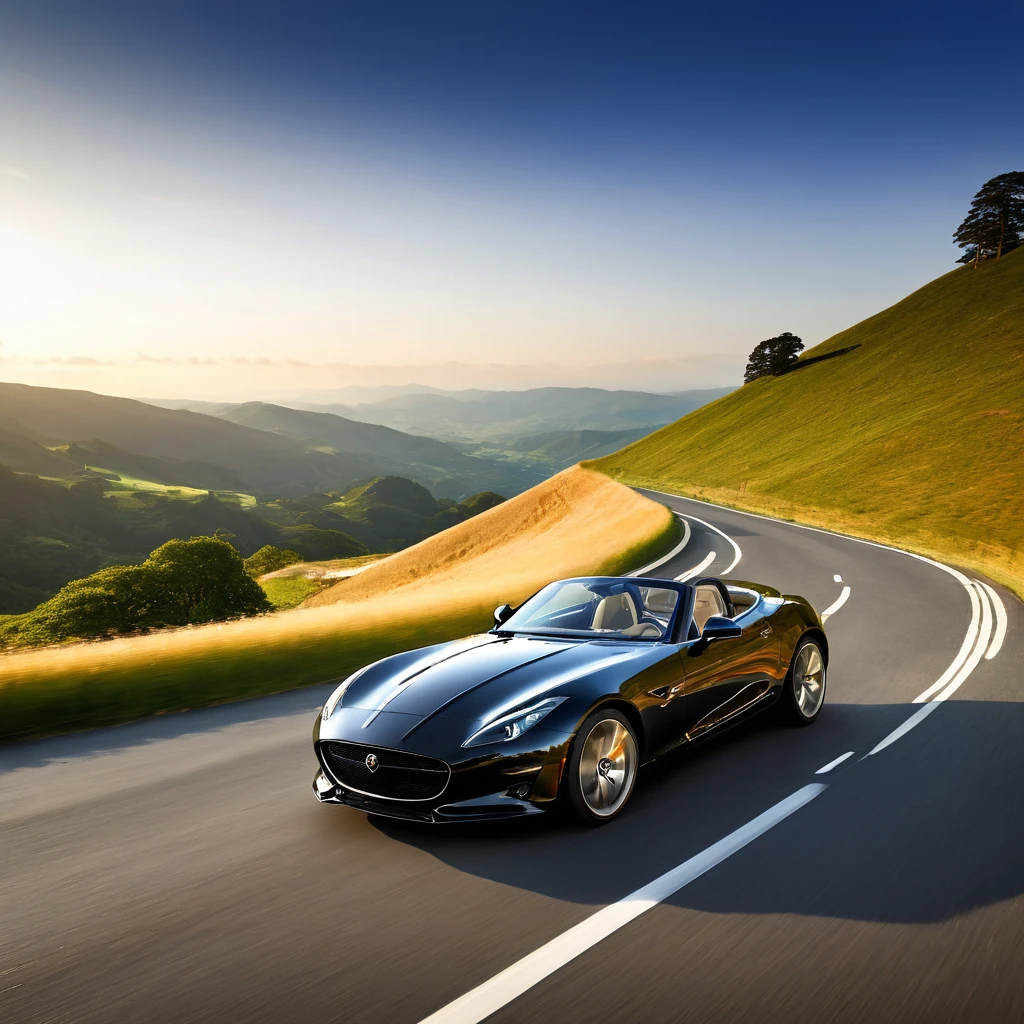 The image depicts a sleek, black sports car driving on a winding mountain road. The car is positioned in the foreground, with its front facing the camera, showcasing its aerodynamic design and the distinctive emblem on the grille. The road curves gently to the left, and the car appears to be in motion, suggesting a sense of speed and adventure.

The background features a picturesque landscape with rolling hills and mountains under a clear sky. The sun is low on the horizon, indicating either sunrise or sunset, which adds a warm, golden hue to the scene. The lighting creates a dramatic contrast between the shadows and the illuminated areas, highlighting the contours of the car and the natural beauty of the surroundings.

The overall composition of the image conveys a sense of freedom and exhilaration associated with driving a high-performance vehicle in a scenic, open environment. The image could be used for promotional purposes, such as advertising the car or a driving experience, or it could be part of a lifestyle or travel-related content.