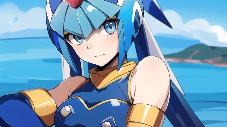 Leviathan Megaman 1 girl, looking at viewer, blue hair, Blue eyes, sea background , face only