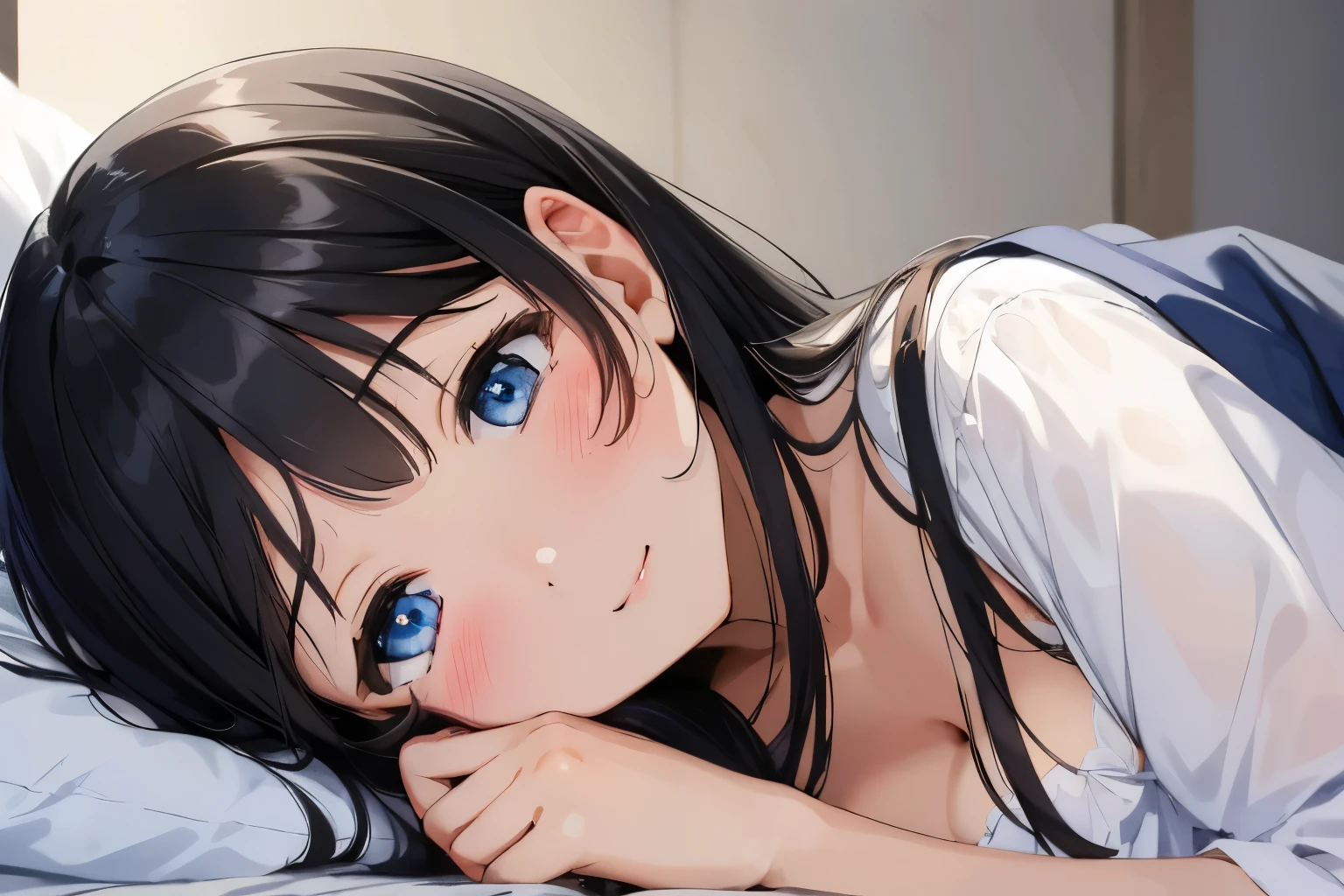 Masterpiece、highest quality、1 female、Super detailed Black Hair、bangs Blue Eyes、Detailed depiction of the eyes Smiling、blush Cleavage Face is close、Facial Close-up、Bring your face closer Sheetsに寝転がる、Lying on your side Sheets