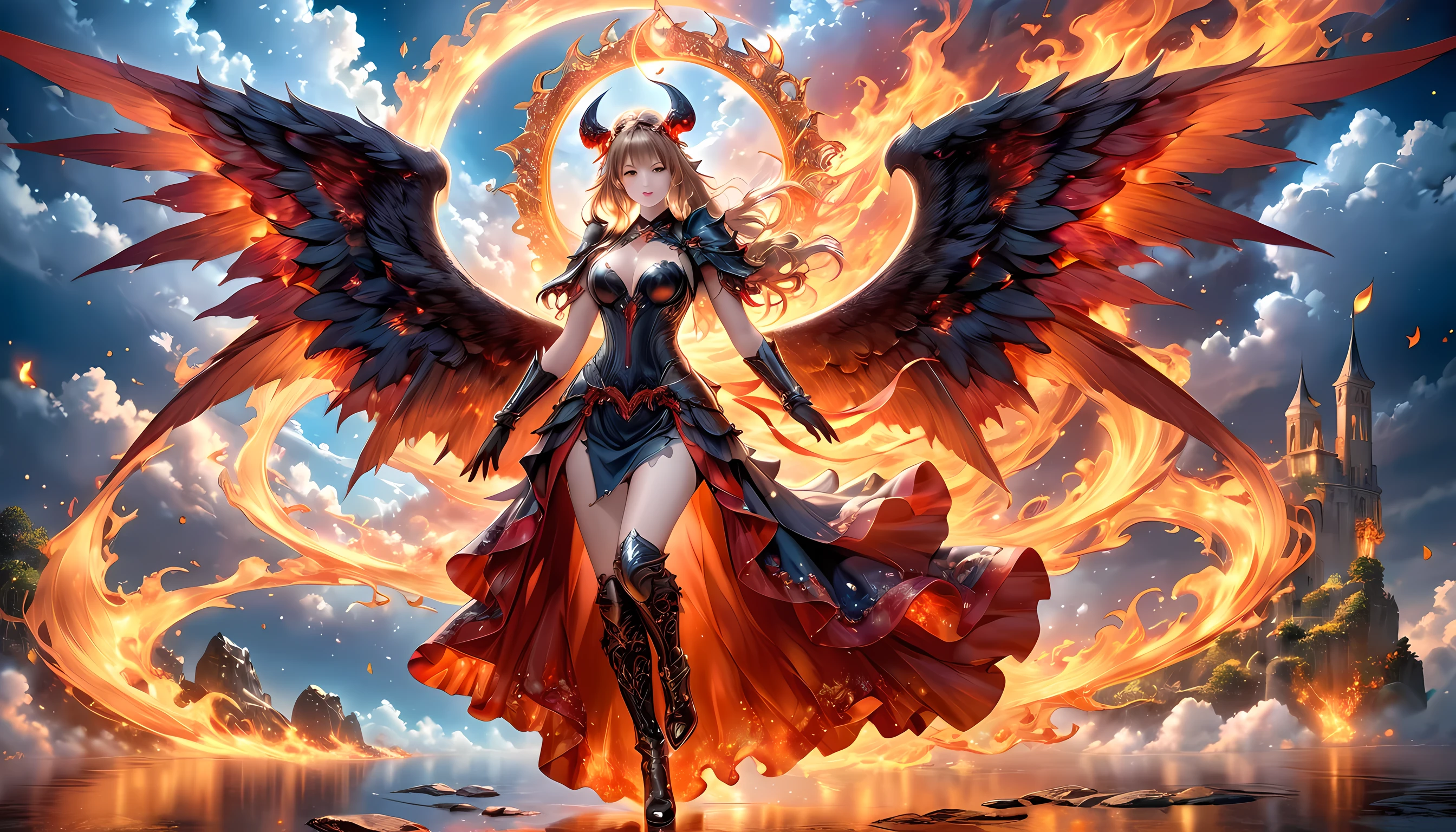 fantasy art, RPG art, a picture of 2 women , a female angel (Masterpiece, 1.3, intricate details), wearing dress, pale skin, best details beautiful face (Masterpiece, 1.3, intricate details), blond hair, long hair wavy hair (Masterpiece, 1.3, intricate details), blue eyes, high heeled boots, wearing a dress (Masterpiece: 1.3, intricate details), large angelic wings, white feathered wings spread [AND] a female demon (Masterpiece, 1.3, intricate details), demon, red skin (Masterpiece, 1.3, intricate details), flame wings, black demonic wings spread, demonic horns (Masterpiece, 1.3), red skin (Masterpiece, 1.3), black hair, red eyes, best details beautiful face (Masterpiece, 1.3, intricate details), wearing a dress (Masterpiece: 1.3, intricate details), high heels, in the border between heaven and hell, moon, stars, clouds, god rays, soft natural light silhouette, dynamic angle, photorealism, panoramic view (Masterpiece 1.3, intense details) , Wide-Angle, Ultra-Wide, faize