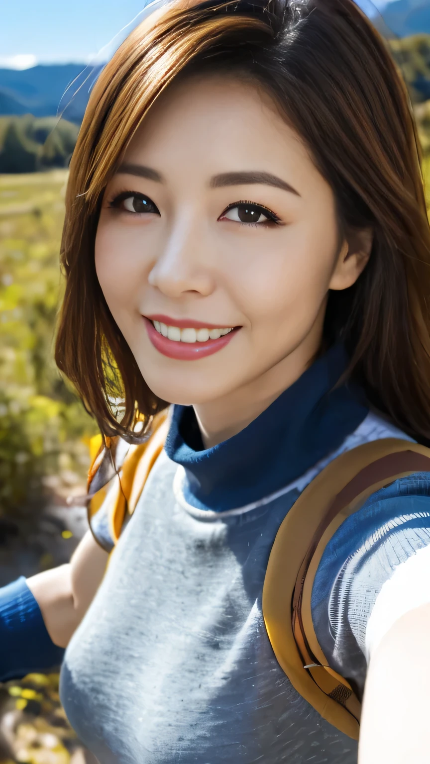1 female((Upper body selfie, Happy)), masterpiece, highest quality, Very detailed, alone, Outdoor, (night), Mountain々, nature, (performer, moon) Hilarious, Happy, Backpack, sleeping bag, Camping stove, Water bottle, Mountain boots, gloves, sweater, Have, flashlight, forest, rock, river, wood, cigarette, Shadow, Contrast, sunny, Analog Style (View the viewer:1.2) (Skin Texture) (Film Grain:1.3), (Warm shades, Warm Tones)