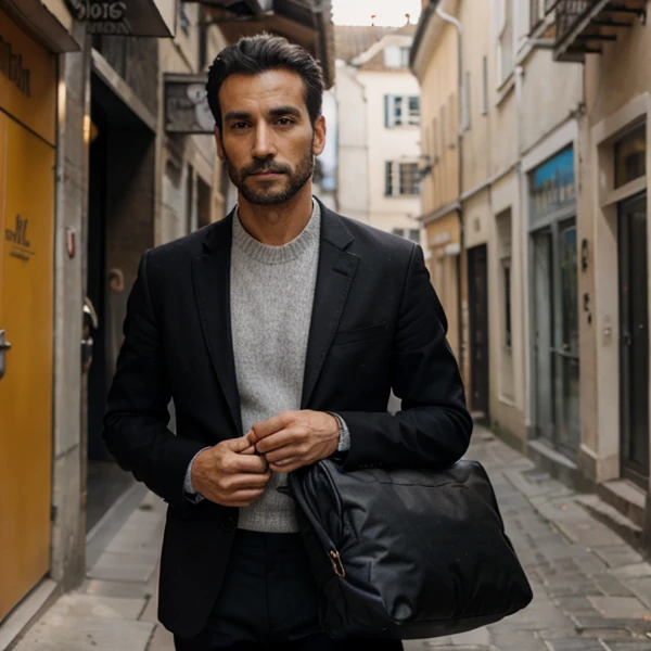 un homme qui porte un sac de voyage de couleur noir
