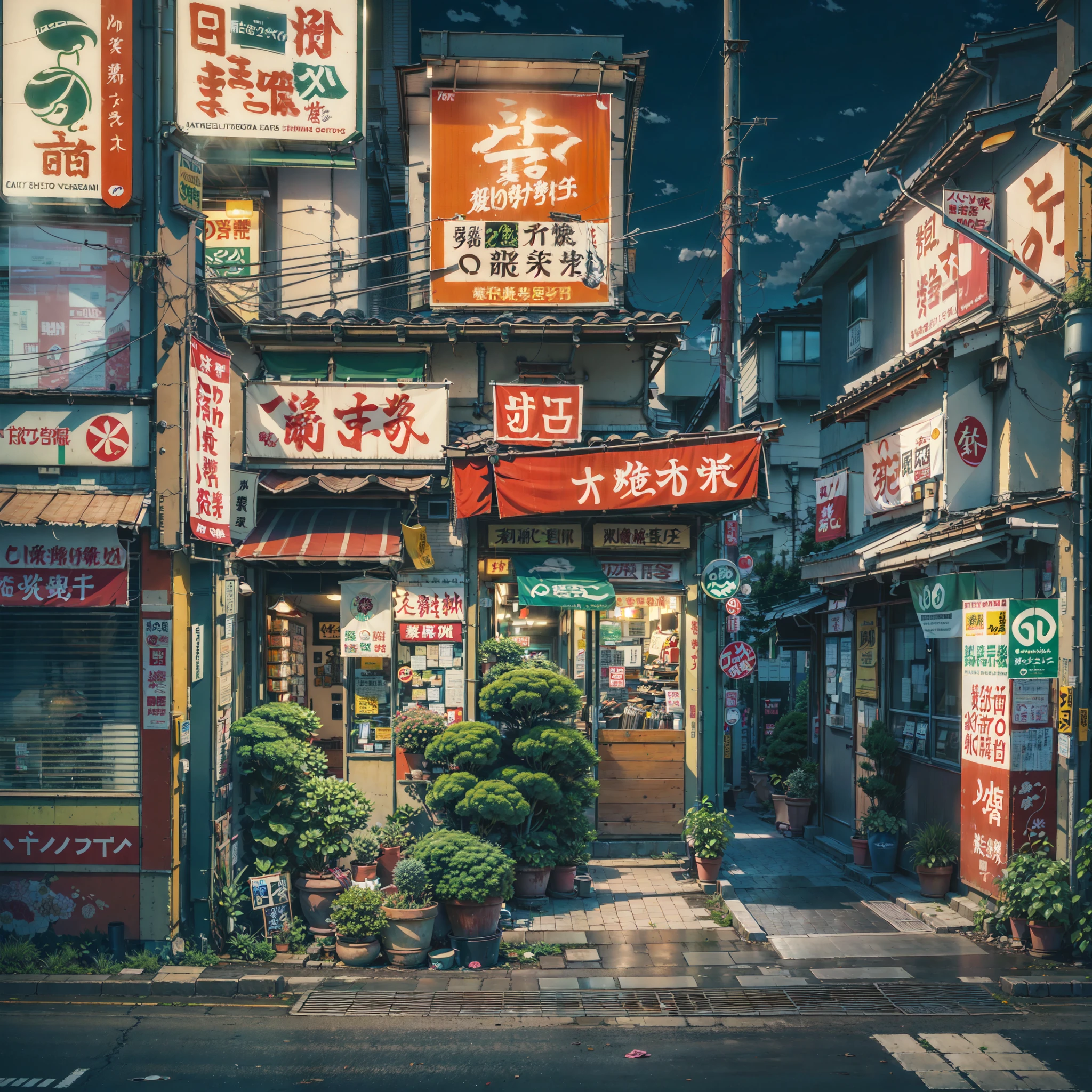 anime background, anime wallpaper, best quality, anime, anime style, anime vibe, anime scene, retro tokyo shop, 80s style japanese retro shop, shop on the side of a road where the road is overlooking the city, japan, nighttime, night time, night, dark, scene lit up from the shop, big retro japanese shop signs, japanese shop banners, japanese billboards, japanese shop signs, japanese signs, japanese banners, banners, plant pots, trash cans, air vents, gutters, telephone wires, wires, cables, air ventilation systems, (no one: 1), no one in sight, empty scene
