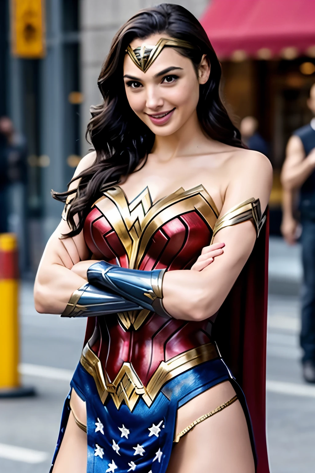 Gal Gadot、Wonder Woman、Toothy Smile、Crossed Arms、Sexy Body、In the middle of the city