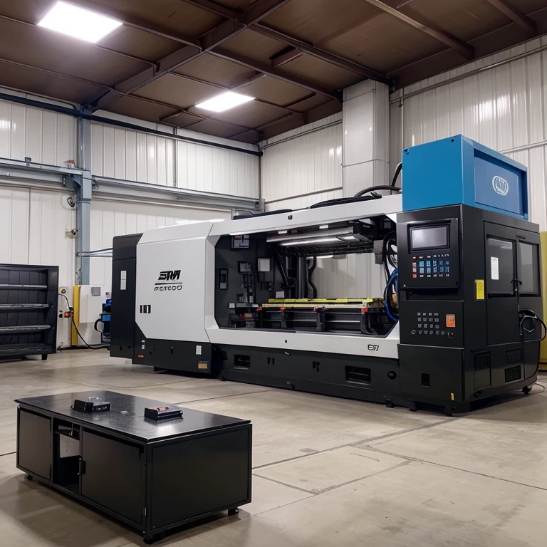 Create a high-resolution image of a plastic injection molding machine to insert into a PowerPoint presentation based on a real image of a Sumitomo injection molding machine