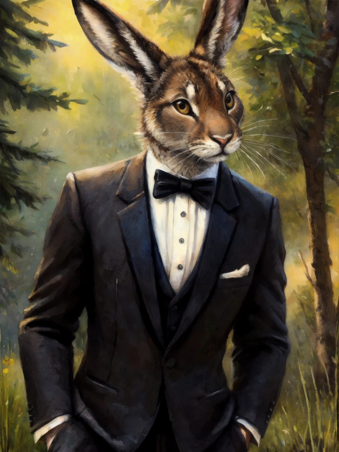 Hare, anthro, in tuxedo, by Kenket, (Sharp focus, masterpiece, 8k, intricate artwork, hyper detailed, high detail)