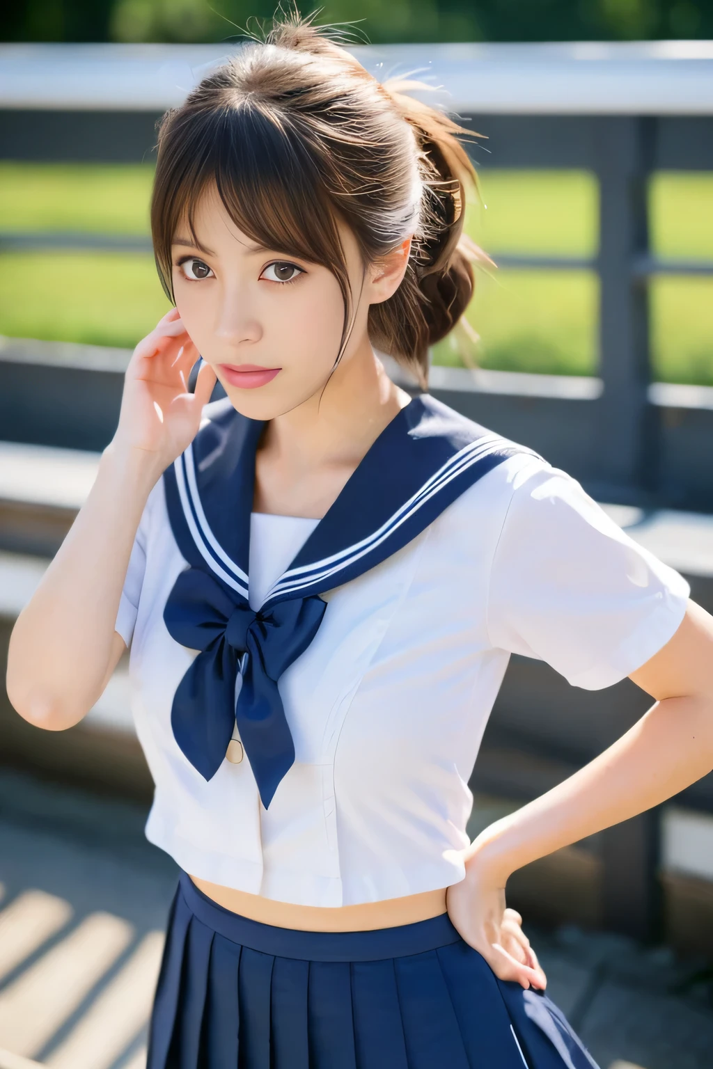 (highest quality,8k,High resolution:1.2),(Beautiful and realistic Japanese figures:1.6)、(Cute Japanese Girl:1.4),(Ample Bust:1.25),(Attractive body),(school uniform,Pleated skirt,Sailor collar,White shirt:1.2)、17 years old、double eyelid、Clear black eyes、Professional photography、(My dear woman、The joy of loving、Heartbeat)、Run Hurry、Embankment、Rivers、Put your hair up,Sweat、gravure、Soar like a balloon&#39;s longing、